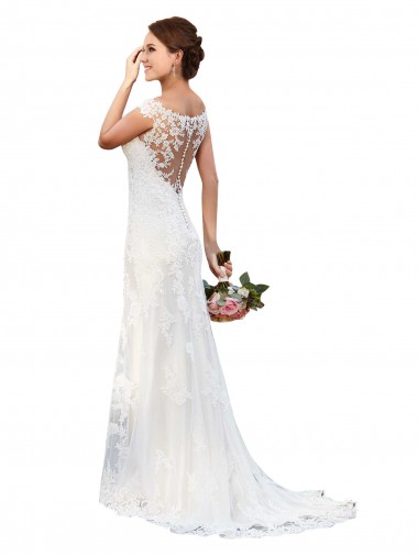 Cheap Illusion Bateau Neckline Fit and Flare Lace Wedding Dress UK