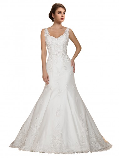 Cheap Sweethart V-Neckline Lace Wedding Dress with Shoulder Straps UK