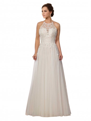 Cheap Illusion Halter Lace Boho Wedding Dress with Plunging Sweetheart Bodice UK