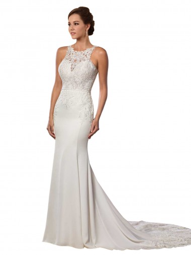 Cheap Modern Deep V-Neck Sheath Lace Wedding Dress with Open V-Back UK