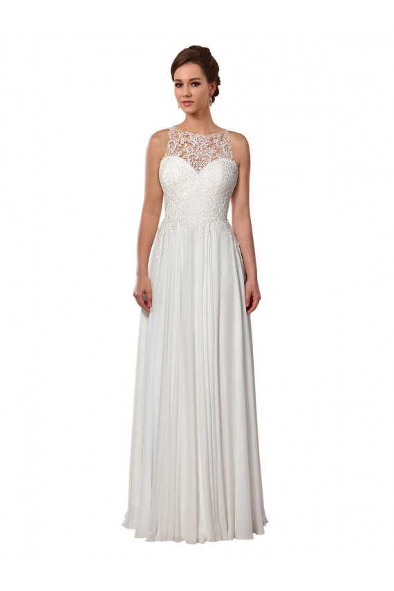 Cheap Illusion Neck A-Line Chiffon Beach Wedding Dress with Lace Halter Neckline UK