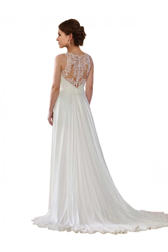 Cheap Illusion Neck A-Line Chiffon Beach Wedding Dress with Lace Halter Neckline UK