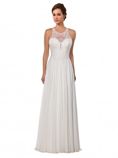 Cheap Illusion Neck A-Line Lace and Chiffon Beach Wedding Dress UK