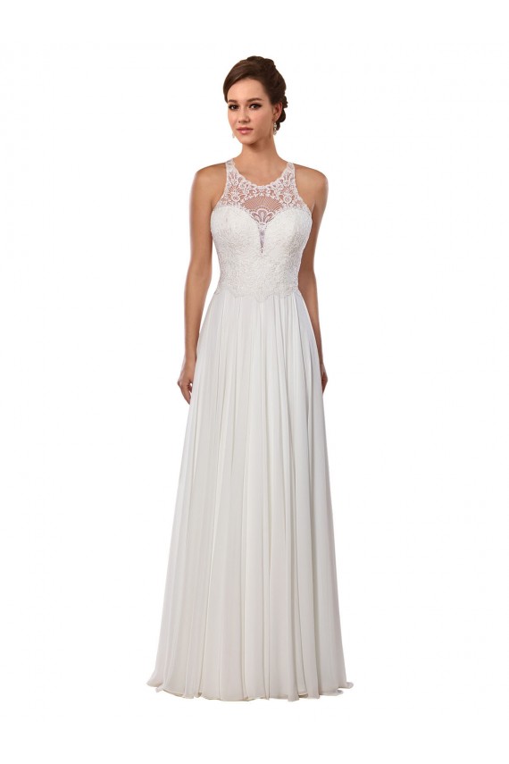 Cheap Illusion Neck A-Line Lace and Chiffon Beach Wedding Dress UK