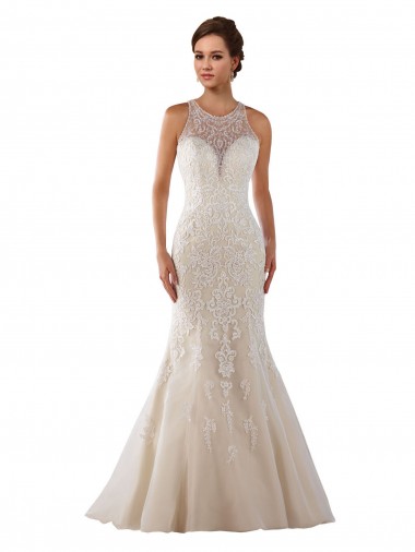 Cheap High Neck Mermaid Lace Wedding Dress with Illusion Back UK