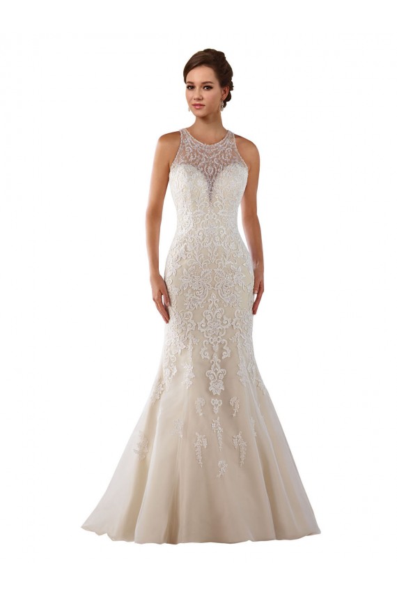 Cheap High Neck Mermaid Lace Wedding Dress with Illusion Back UK