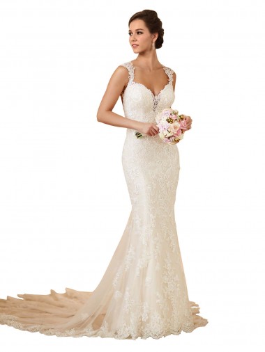 Cheap Modern Chapel Train Sweetheart Mermaid Lace Wedding Dress with Keyhole Back UK