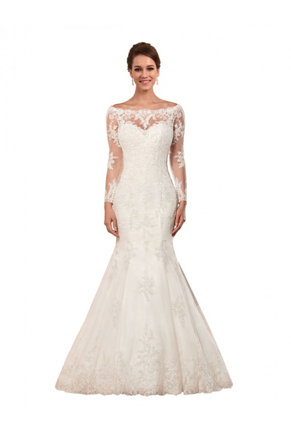 Cheap Long Sleeves Mermaid Lace Wedding Dress with Illusion Back UK