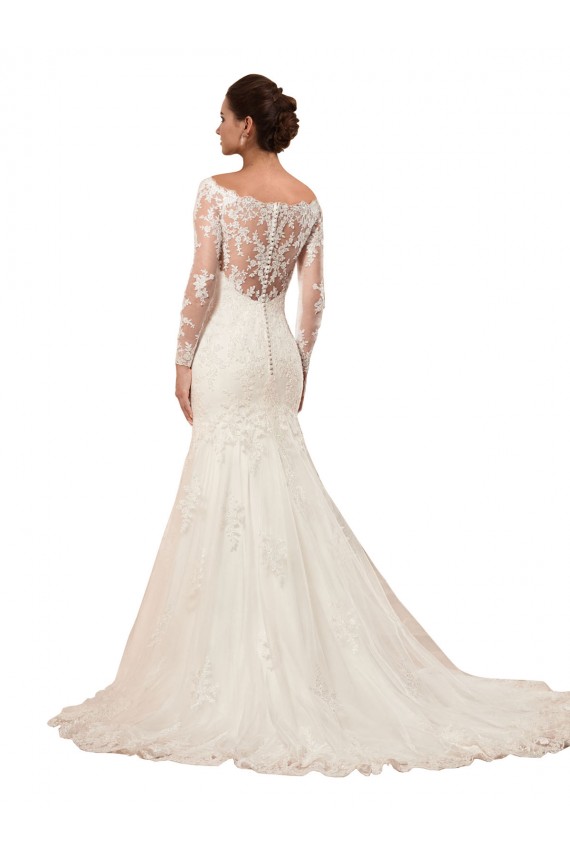 Cheap Long Sleeves Mermaid Lace Wedding Dress with Illusion Back UK