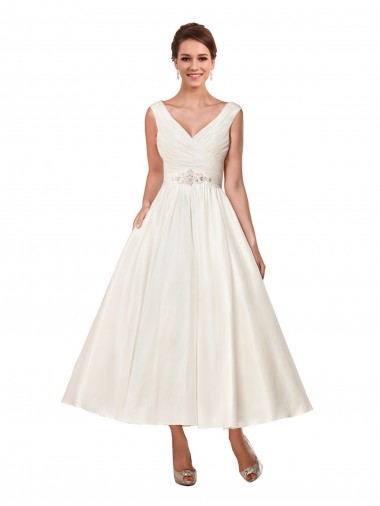 Cheap V-Neck A-Line Short Ankle Length Satin Wedding Dress UK
