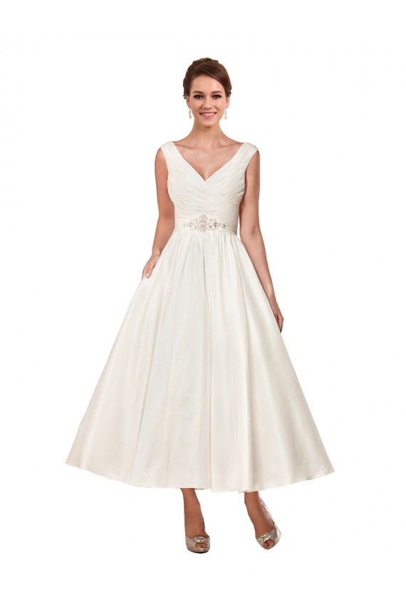 Cheap V-Neck A-Line Short Ankle Length Satin Wedding Dress UK