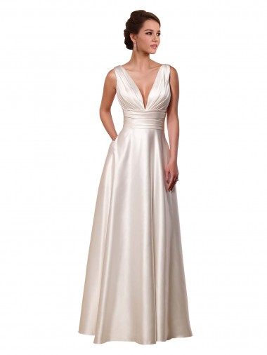 Cheap Deep V-Neck A-Line Satin Wedding Dress with Pockets UK