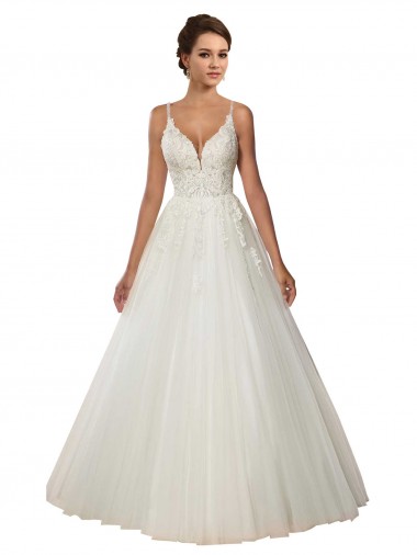 Cheap Modern Spaghetti Straps Ball Gown Tulle Wedding Dress with Lace Bodice UK