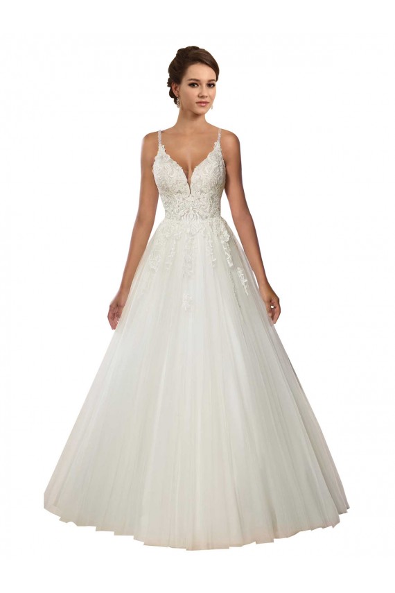 Cheap Modern Spaghetti Straps Ball Gown Tulle Wedding Dress with Lace Bodice UK