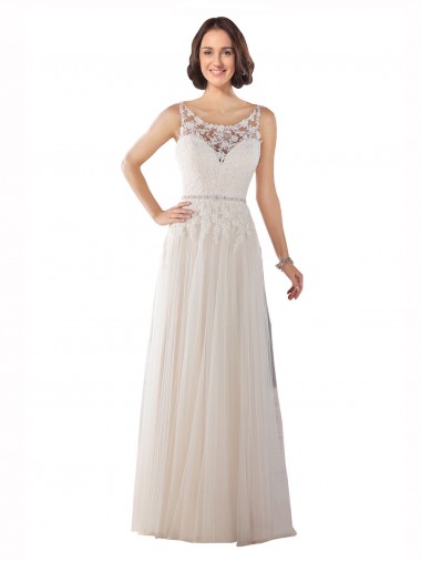Cheap High Lace Neck Illusion Back Tulle Boho Wedding Dress UK