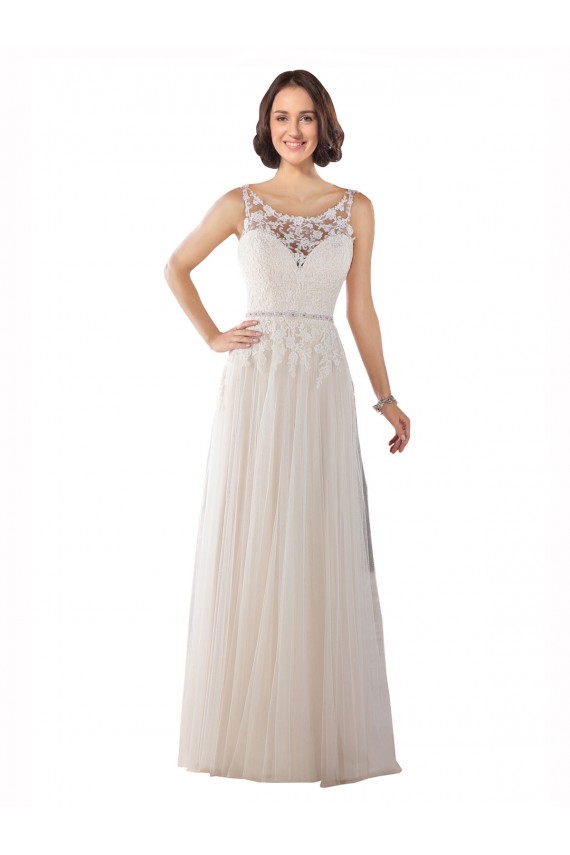 Cheap High Lace Neck Illusion Back Tulle Boho Wedding Dress UK