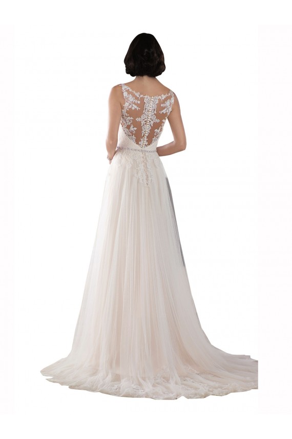 Cheap High Lace Neck Illusion Back Tulle Boho Wedding Dress UK