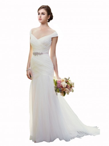 Cheap Cap Sleeves Off the Shoulder Ruched Mermaid Tulle Beach Wedding Dress UK