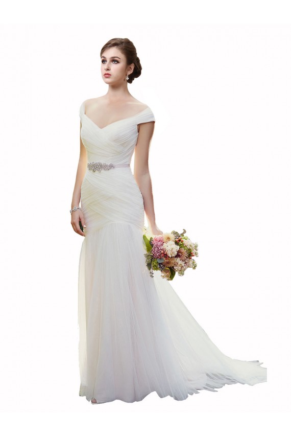 Cheap Cap Sleeves Off the Shoulder Ruched Mermaid Tulle Beach Wedding Dress UK