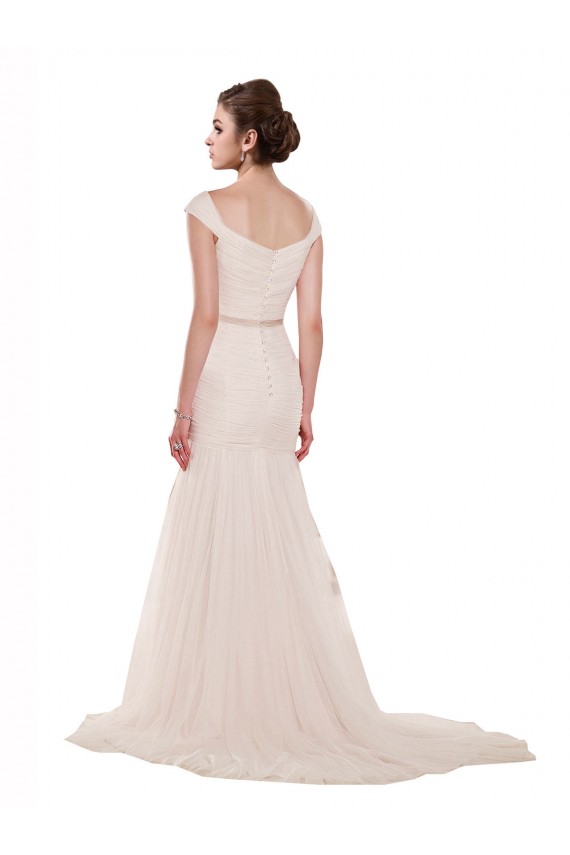 Cheap Cap Sleeves Off the Shoulder Ruched Mermaid Tulle Beach Wedding Dress UK