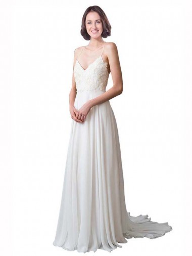 Cheap Spaghetti Straps V-Neck A-Line Chiffon Beach Wedding Dress UK