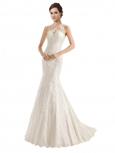 Cheap Illusion Neck Mermaid All Over Lace Wedding Dress UK