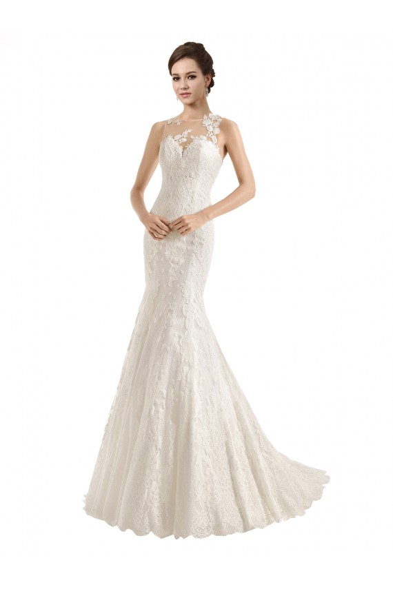 Cheap Illusion Neck Mermaid All Over Lace Wedding Dress UK