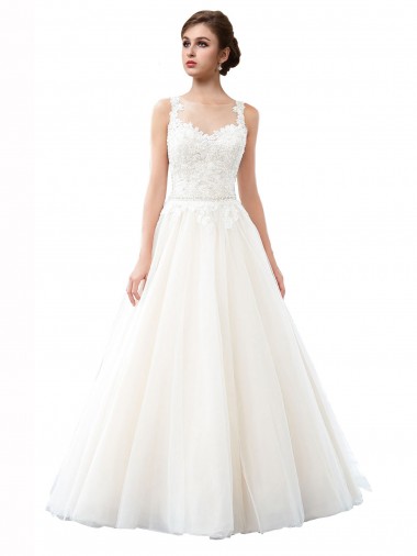 Cheap Illusion Neck A-Line Tulle Beach Wedding Dress with Lace Bodice UK