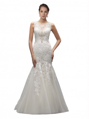 Cheap Illusion High Neck Mermaid Lace Wedding Dress UK