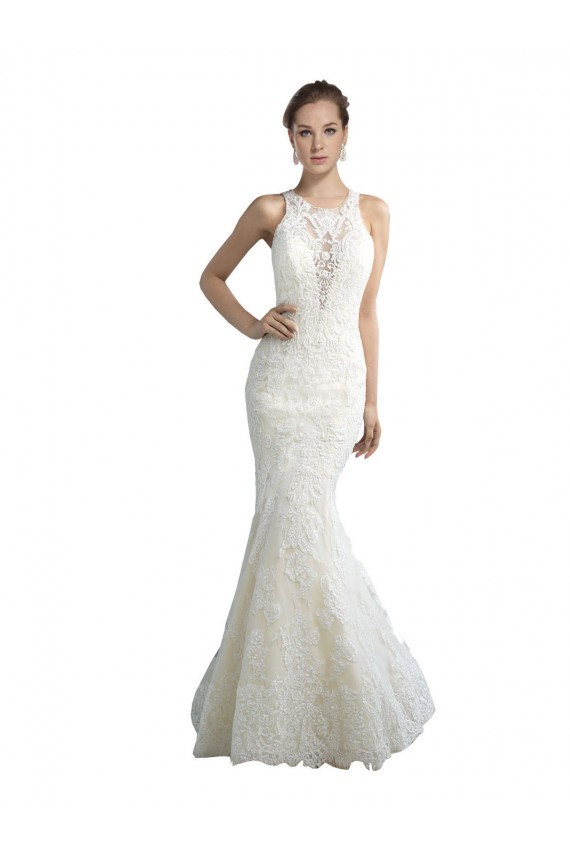 Cheap Deep Illusion Neck Mermaid Tulle Beach Wedding Dress with All Over Lace UK