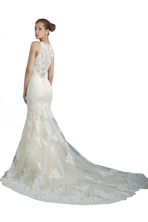 Cheap Deep Illusion Neck Mermaid Tulle Beach Wedding Dress with All Over Lace UK