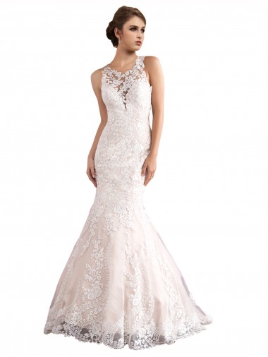 Cheap Illusion Neck Fit and Flare Tulle Wedding Dress with All Over Lace UK