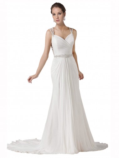 Cheap Sweetheart Sheath Chiffon Beach Wedding Dress with Beaded Belts UK