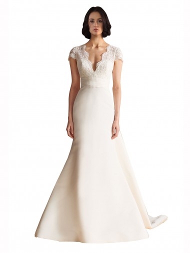 Cheap V-Neck Lace Bodice A-Line Satin Wedding Dress with Keyhole Back UK