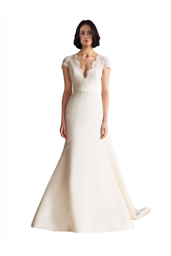 Cheap V-Neck Lace Bodice A-Line Satin Wedding Dress with Keyhole Back UK