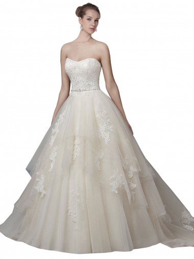Cheap Strapless Ball Gown Tulle Wedding Dress with Lace Appliques UK
