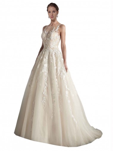 Cheap Illusion Neck A-Line Tulle Wedding Dress UK