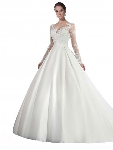 Cheap Long Sleeves Illusion Neck A-Line Satin Wedding Dress with Lace Bodice UK