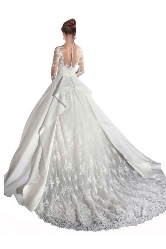Cheap Long Sleeves Illusion Neck A-Line Satin Wedding Dress with Lace Bodice UK