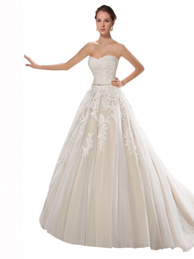 Cheap Strapless Ball Gown Tulle Wedding Dress with Lace Cascades UK