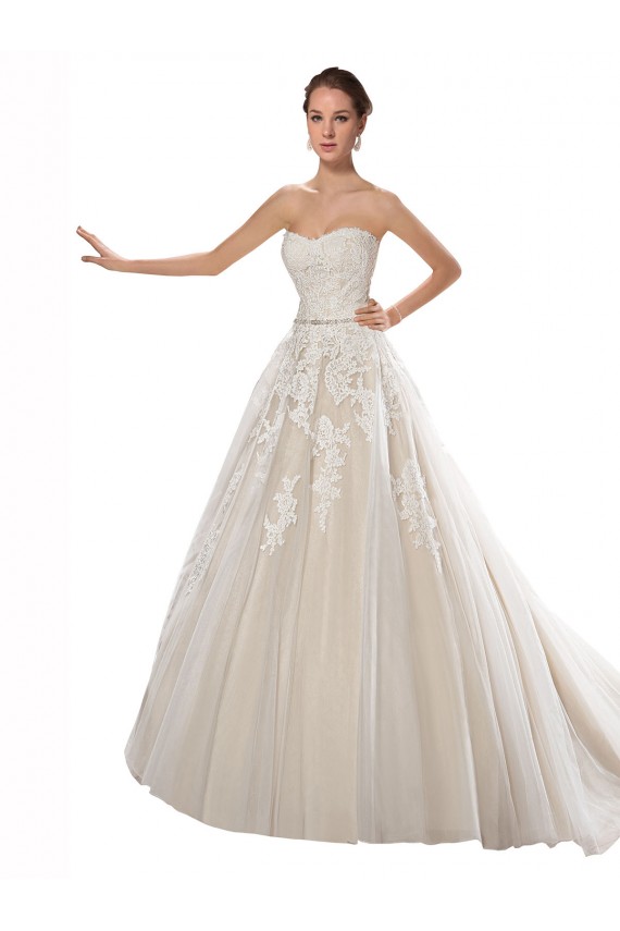 Cheap Strapless Ball Gown Tulle Wedding Dress with Lace Cascades UK
