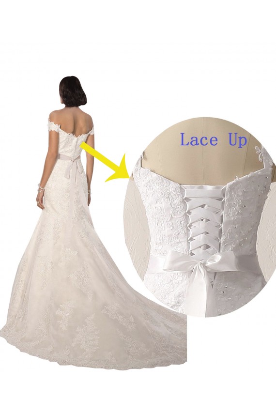 Cheap Off the Shoulder Mermaid Lace Beach Wedding Dress with Beaded Belt UK