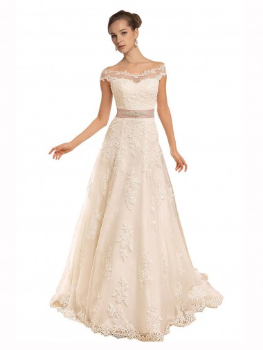 Cheap Off the Shoulder Illusion Back A-Line Lace Beach Wedding Dress UK