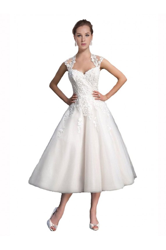 Cheap A-Line Short Tea Length Sweetheart Tulle Lace Beach Wedding Dress UK