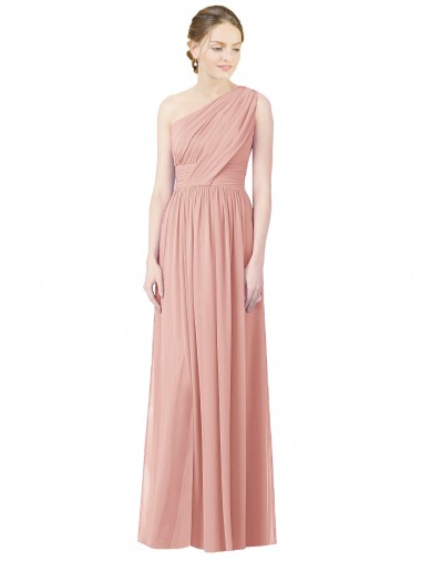 Cheap One Shoulder Long Chiffon Bridesmaid Dress with Shirred Waistband UK