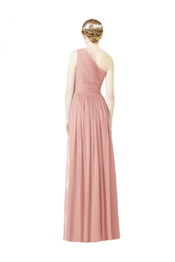 Cheap One Shoulder Long Chiffon Bridesmaid Dress with Shirred Waistband UK