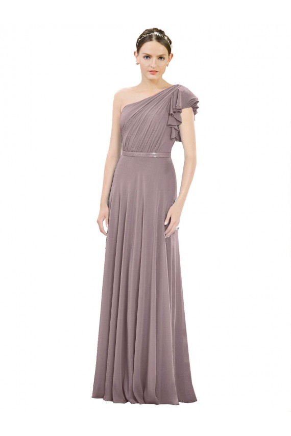 Cheap Full Length One Shoulder Chiffon Bridesmaid Dress with Shoulder Ruffle UK