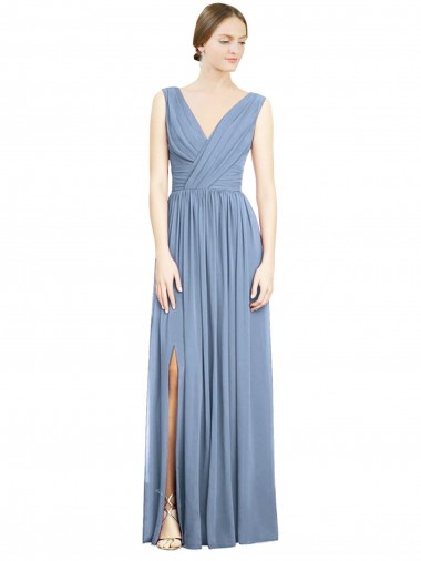 Cheap Sleeveless Draped Chiffon Maxi Bridesmaid Dress with Front Slit UK