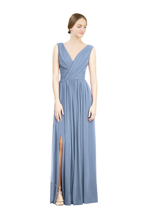 Cheap Sleeveless Draped Chiffon Maxi Bridesmaid Dress with Front Slit UK