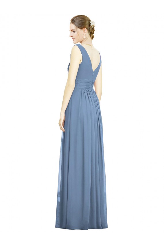 Cheap Sleeveless Draped Chiffon Maxi Bridesmaid Dress with Front Slit UK